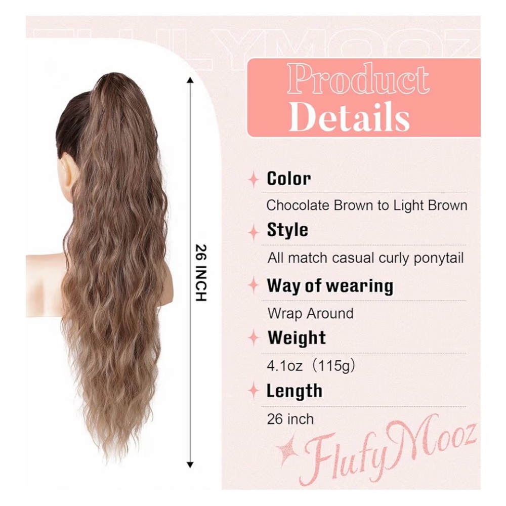 Wrap-Around Ponytail Extension | Long Wavy | Highlights 26” | Medium Brown | New - Picture 2 of 8